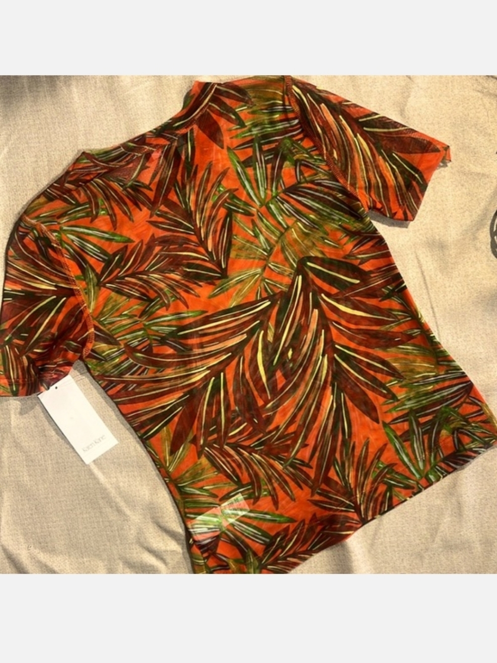 Karen Kane Orange Tropical Leaf Short Sleeve Tee - Picture 3 of 9